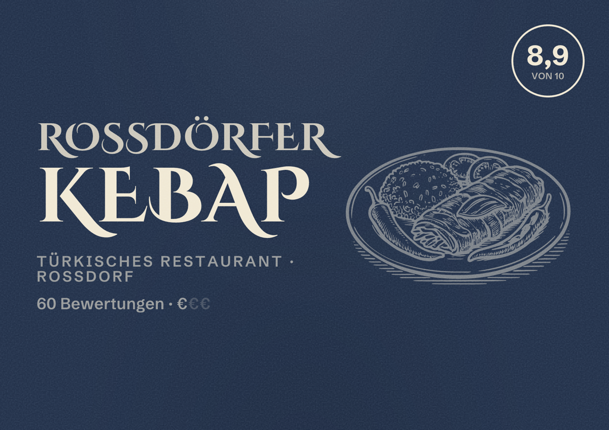 Illustriertes Poster von Rossdörfer Kebap, Türkisches Restaurant in Roßdorf: Bewertung 8,9 von 10 aus 60 Bewertungen, Preisniveau €