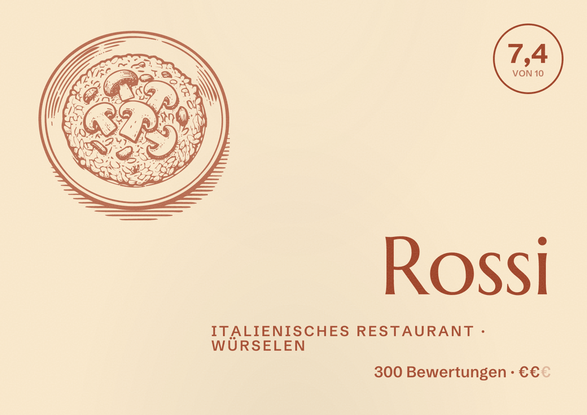 Illustriertes Poster von Rossi, Italienisches Restaurant in Würselen: Bewertung 7,4 von 10 aus 300 Bewertungen, Preisniveau €€
