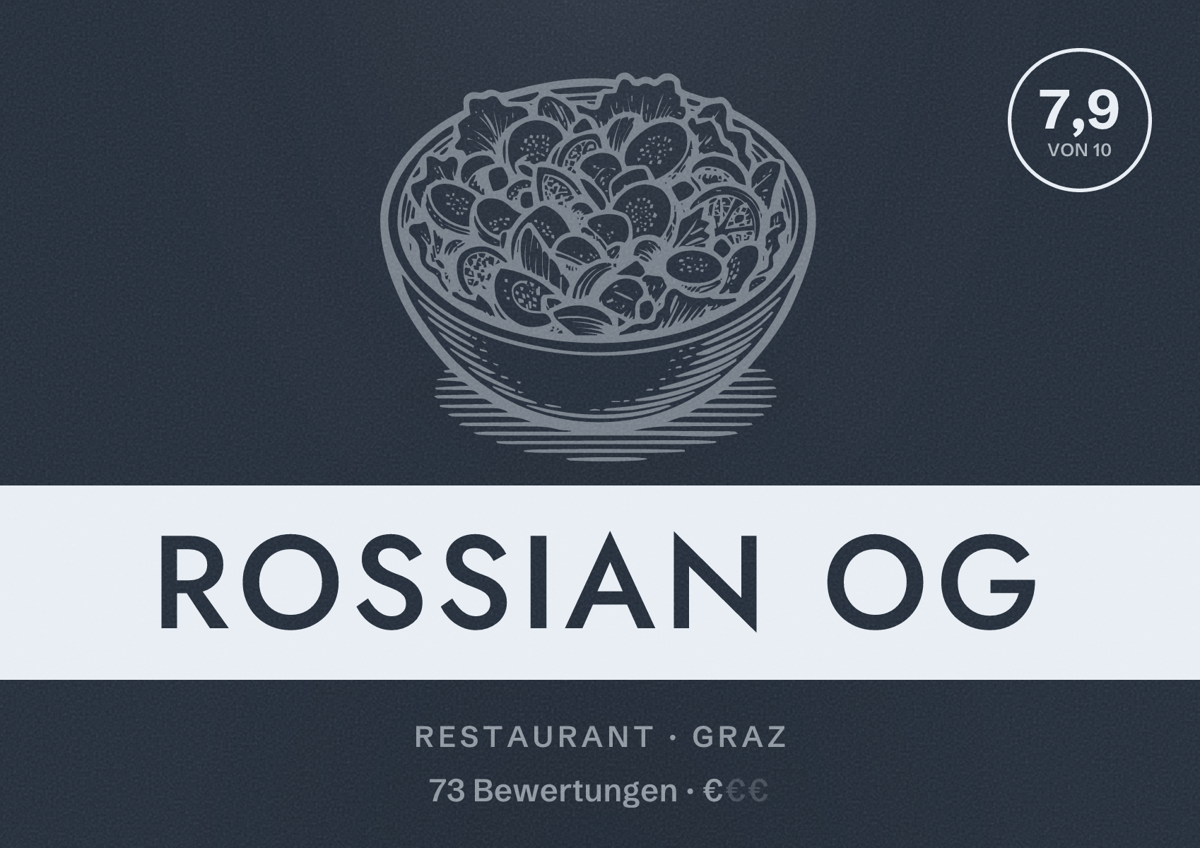 Illustriertes Poster von Rossian OG, Restaurant in Graz: Bewertung 7,9 von 10 aus 73 Bewertungen, Preisniveau €