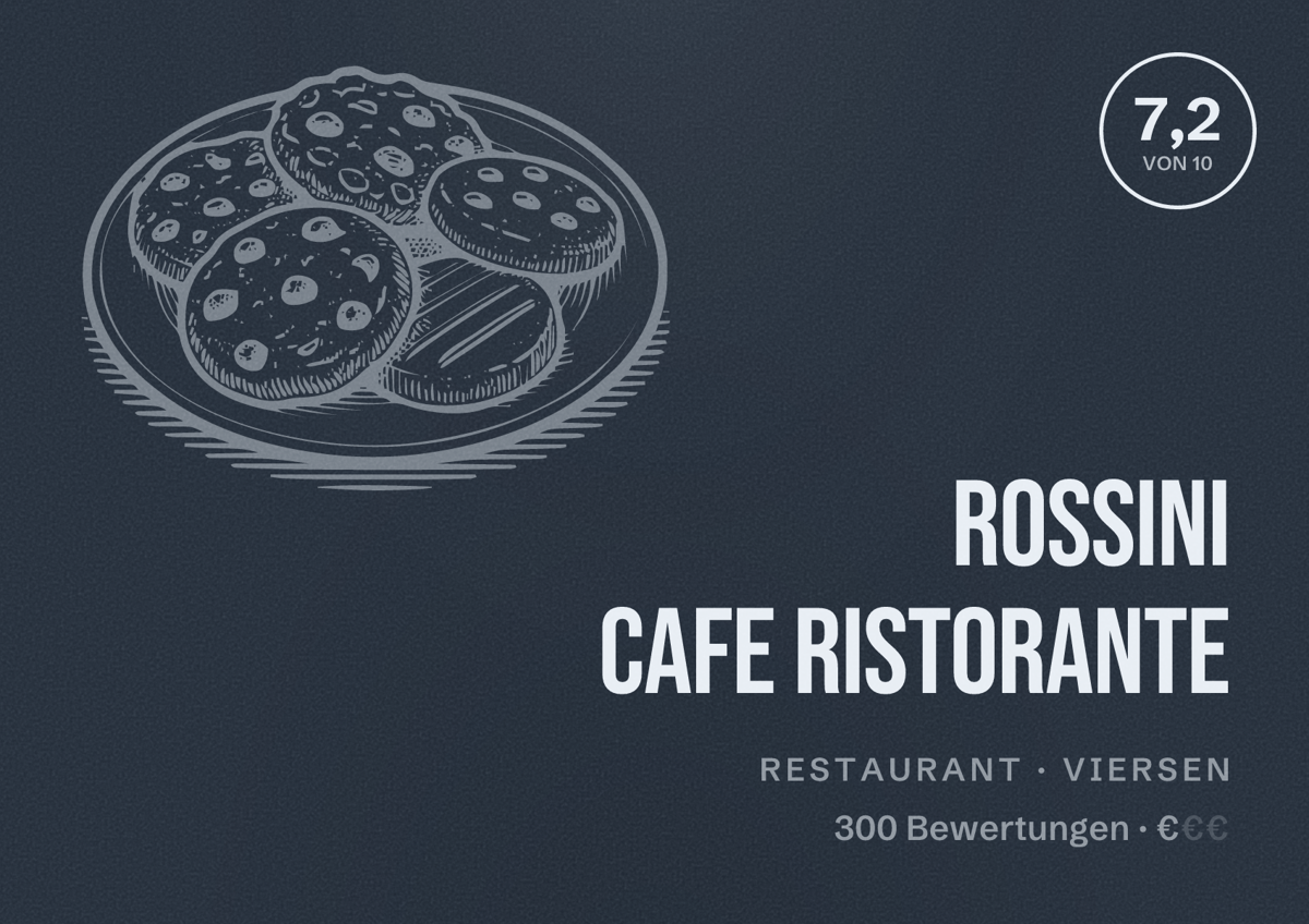 Illustriertes Poster von Rossini Cafe Ristorante, Restaurant in Viersen: Bewertung 7,2 von 10 aus 300 Bewertungen, Preisniveau €