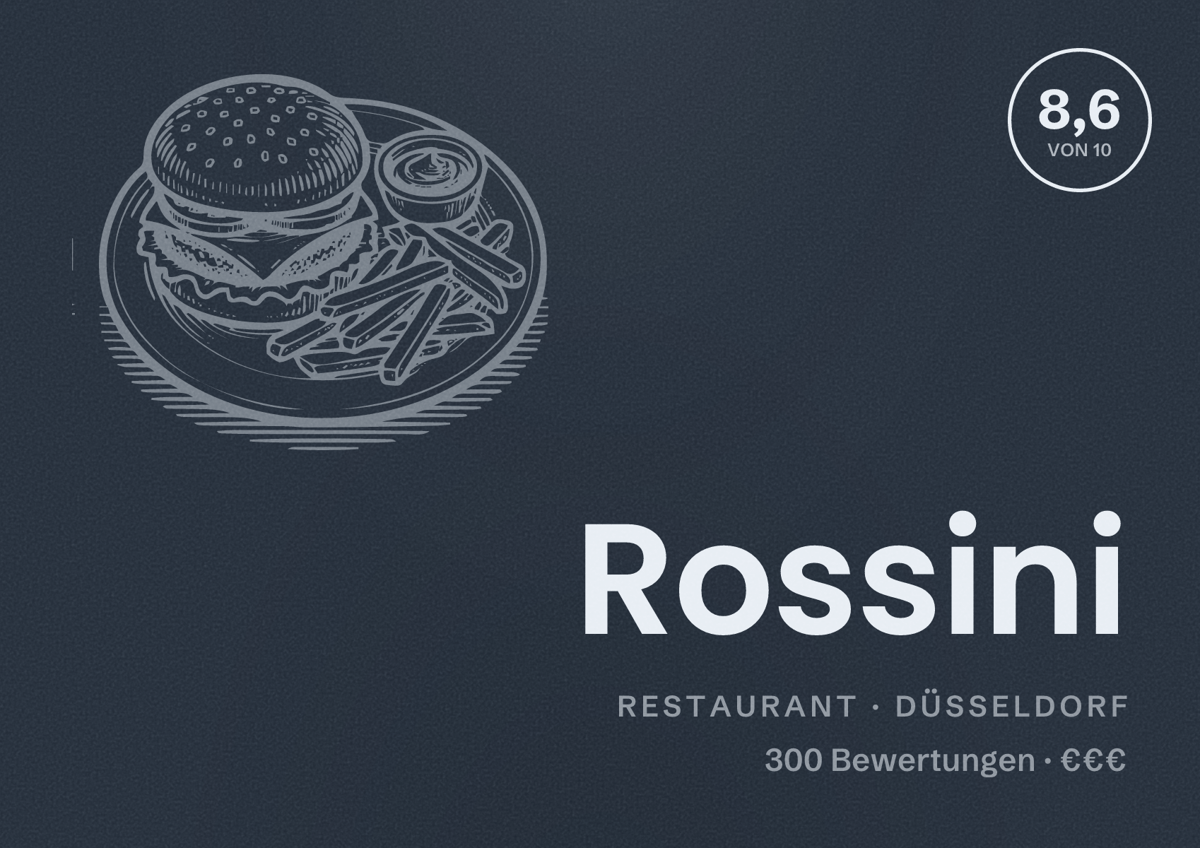 Illustriertes Poster von Rossini, Restaurant in Düsseldorf: Bewertung 8,6 von 10 aus 300 Bewertungen, Preisniveau €€€