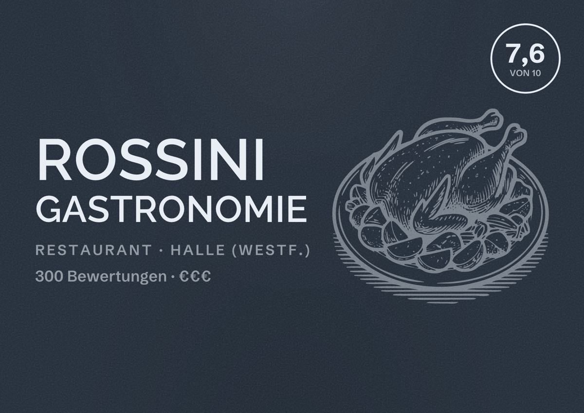 Illustriertes Poster von Rossini Gastronomie, Restaurant in Halle (Westf.): Bewertung 7,6 von 10 aus 300 Bewertungen, Preisniveau €€€
