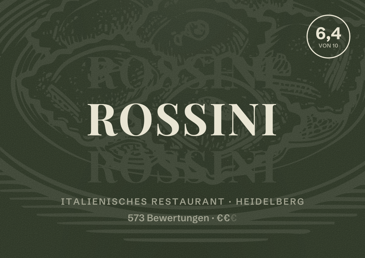 Illustriertes Poster von Rossini, Italienisches Restaurant in Heidelberg: Gästebewertung 6,4 von 10 aus 573 Bewertungen