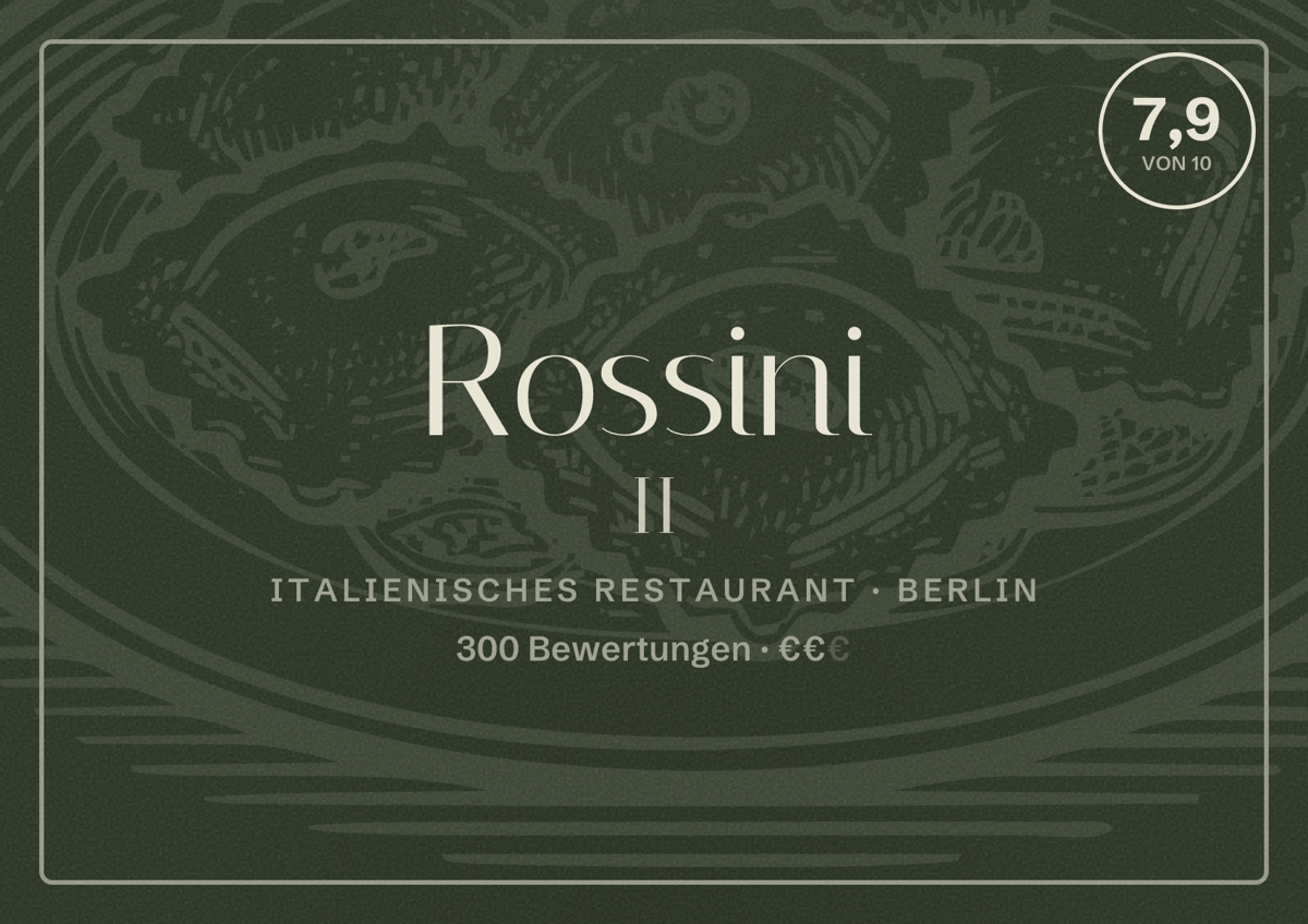Illustriertes Poster von Rossini II, Italienisches Restaurant in Berlin: Bewertung 7,9 von 10 aus 300 Bewertungen, Preisniveau €€