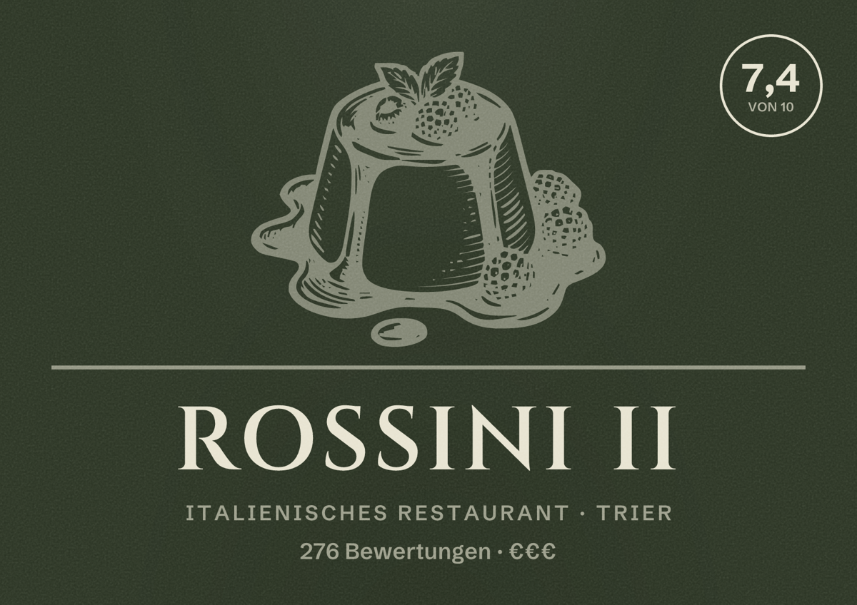 Illustriertes Poster von Rossini II, Italienisches Restaurant in Trier: Bewertung 7,4 von 10 aus 276 Bewertungen, Preisniveau €€€