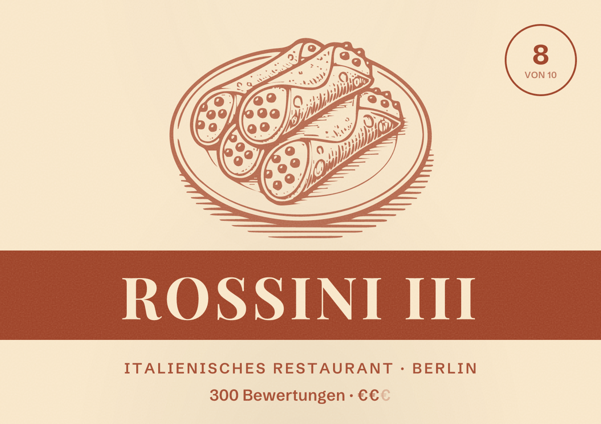 Illustriertes Poster von Rossini III, Italienisches Restaurant in Berlin: Bewertung 8,0 von 10 aus 300 Bewertungen, Preisniveau €€