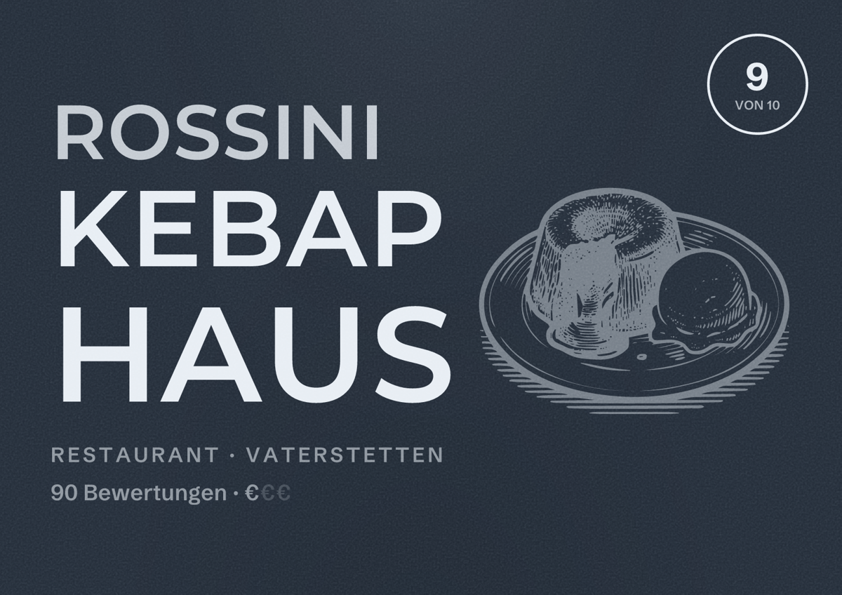Illustriertes Poster von Rossini Kebap Haus, Restaurant in Vaterstetten: Bewertung 9 von 10 aus 90 Bewertungen, Preisniveau €