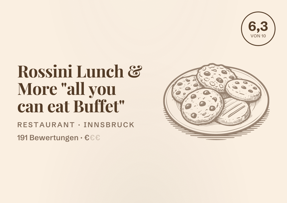 Illustriertes Poster von Rossini Lunch & More "all you can eat Buffet", Restaurant in Innsbruck: Bewertung 6,3 von 10 aus 191 Bewertungen, Preisniveau €