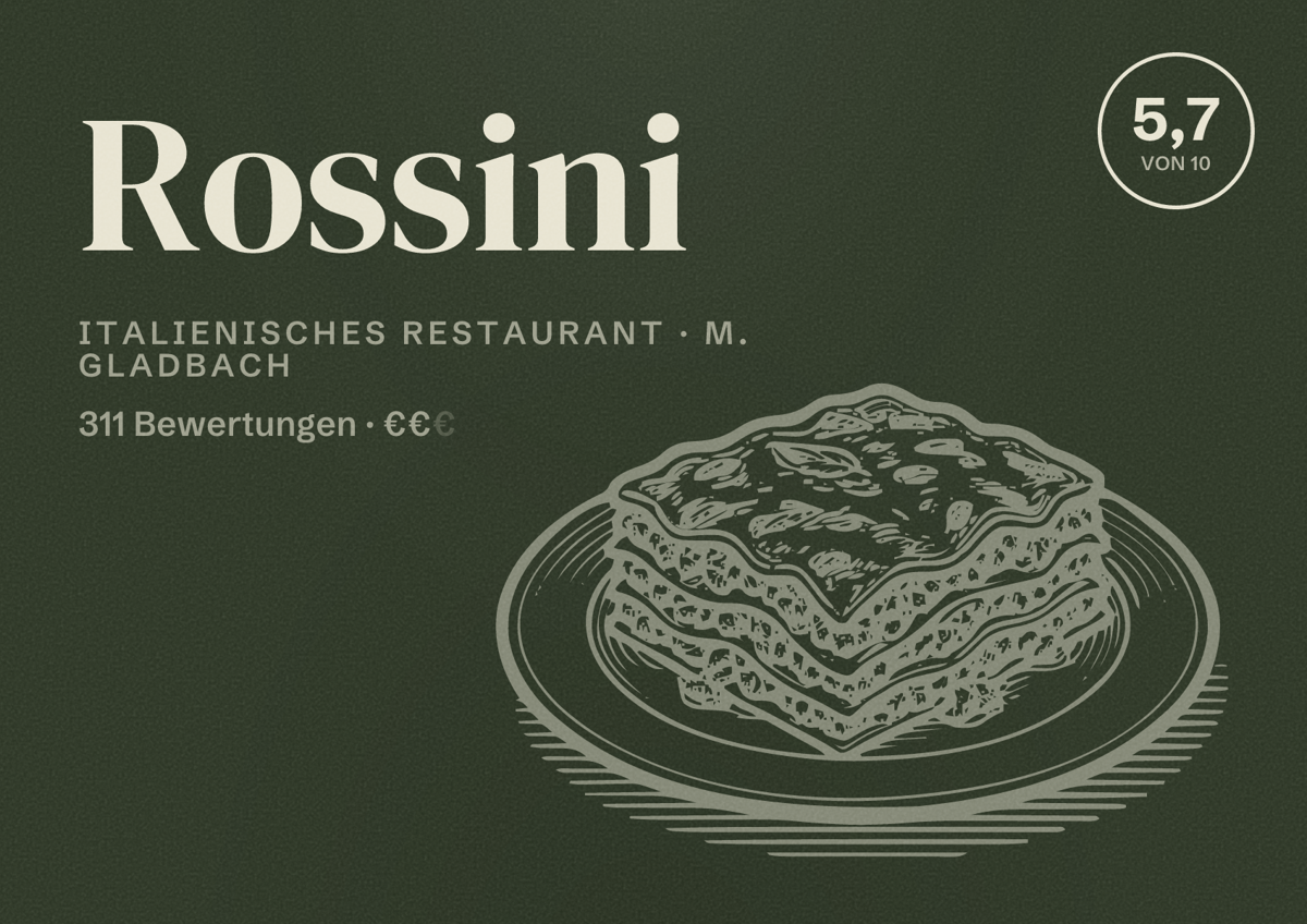 Illustriertes Poster von Rossini, Italienisches Restaurant in M. Gladbach: Bewertung 5,7 von 10 aus 311 Bewertungen, Preisniveau €€