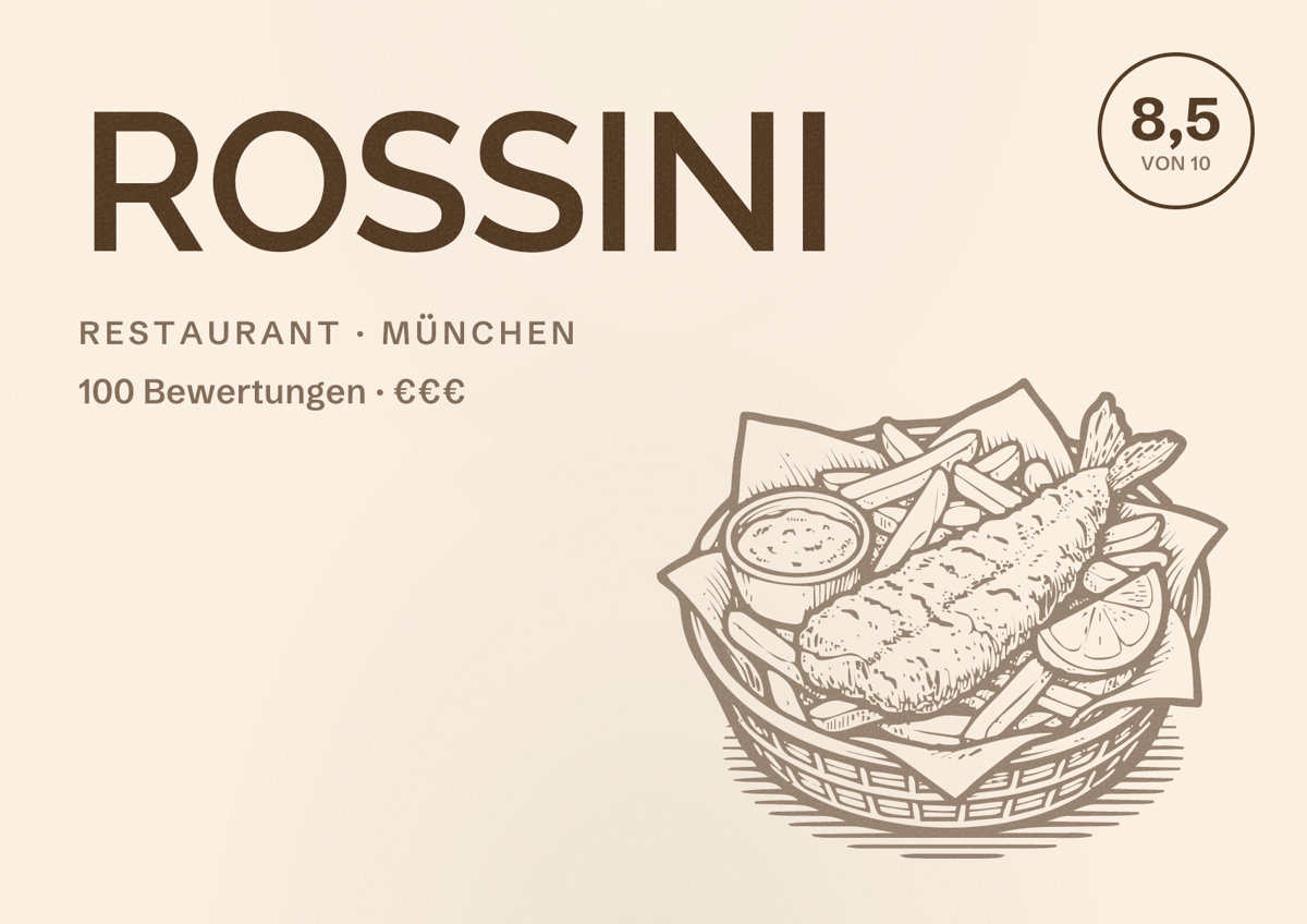 Illustriertes Poster von ROSSINI, Restaurant in München: Bewertung 8,5 von 10 aus 100 Bewertungen, Preisniveau €€€