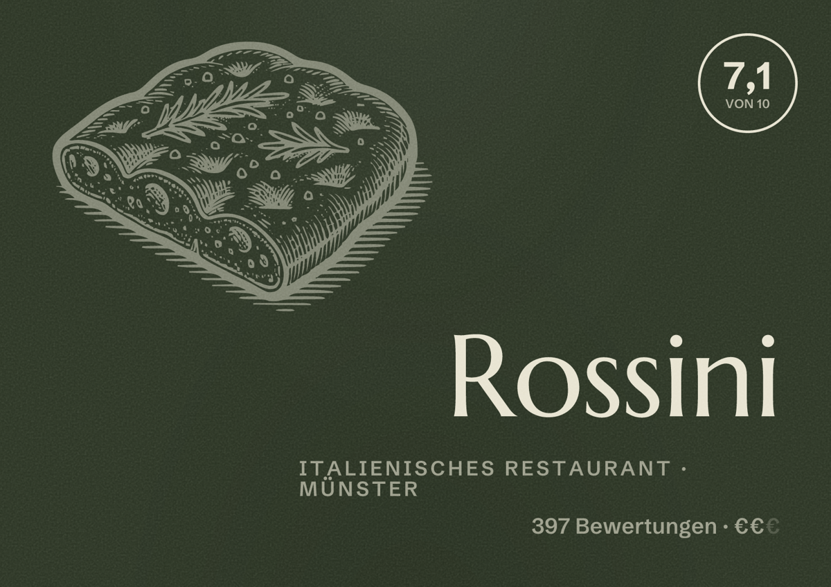 Illustriertes Poster von Rossini, Italienisches Restaurant in Münster: Gästebewertung 7,1 von 10 aus 397 Bewertungen