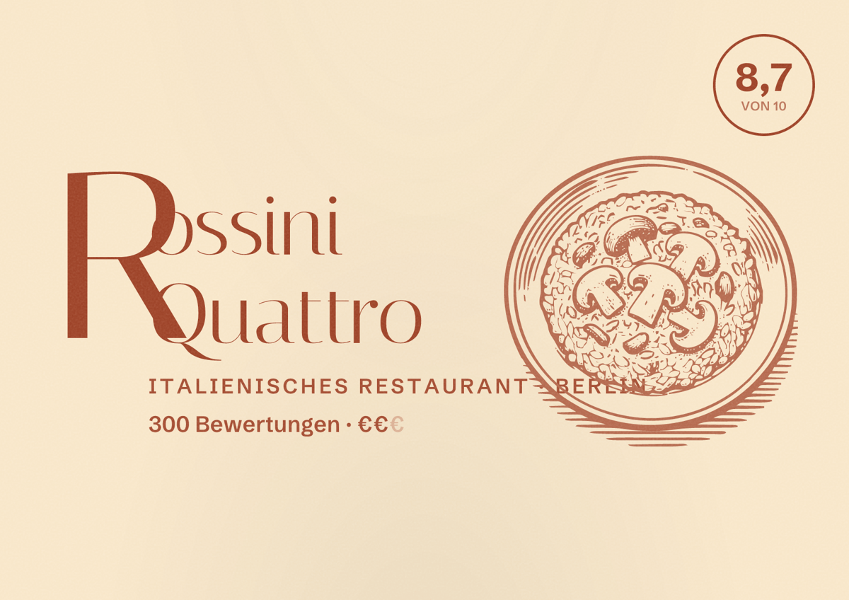 Illustriertes Poster von Rossini Quattro, Italienisches Restaurant in Berlin: Bewertung 8,7 von 10 aus 300 Bewertungen, Preisniveau €€