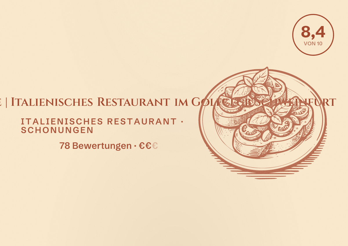 Illustriertes Poster von Rossini Ristorante | Italienisches Restaurant im Golfclub Schweinfurt, Italienisches Restaurant in Schonungen: Bewertung 8,4 von 10 aus 78 Bewertungen, Preisniveau €€