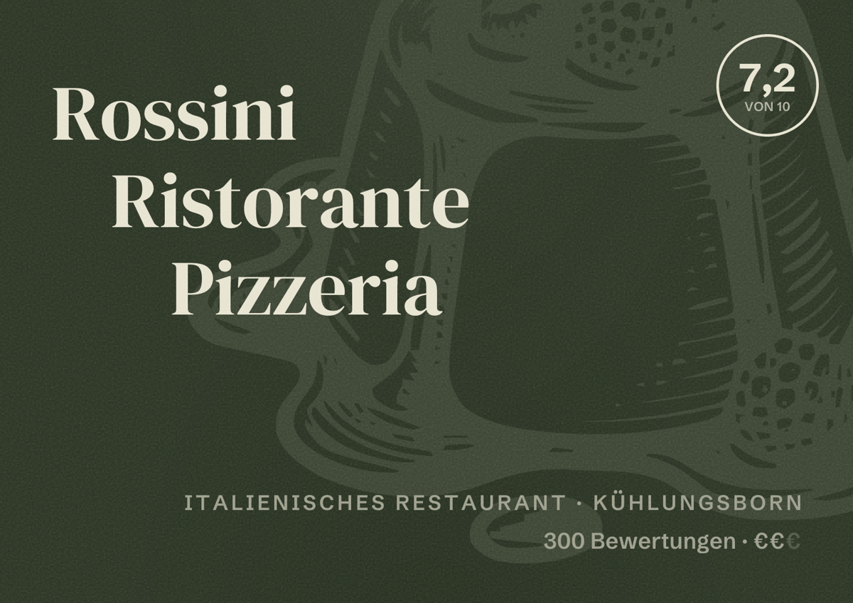 Illustriertes Poster von Rossini Ristorante Pizzeria, Italienisches Restaurant in Kühlungsborn: Bewertung 7,2 von 10 aus 300 Bewertungen, Preisniveau €€