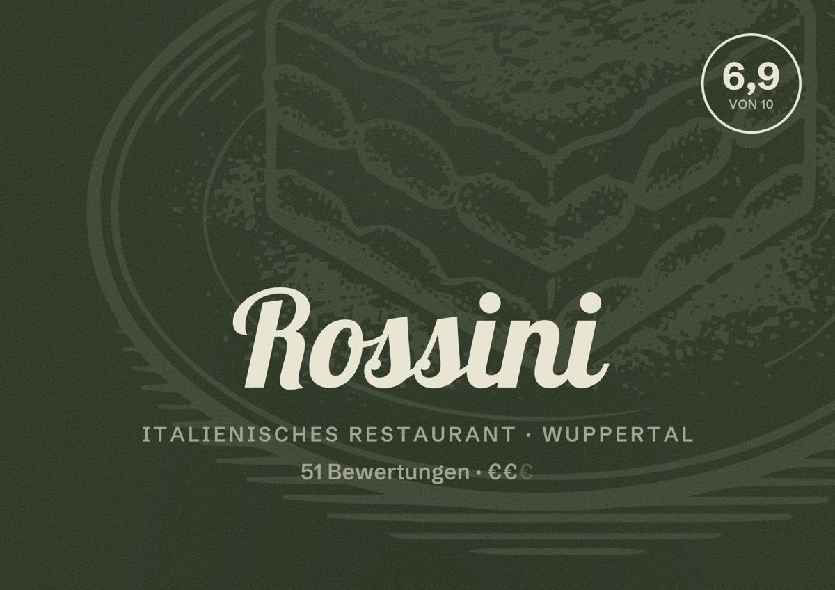 Illustriertes Poster von Rossini, Italienisches Restaurant in Wuppertal: Bewertung 6,9 von 10 aus 51 Bewertungen, Preisniveau €€