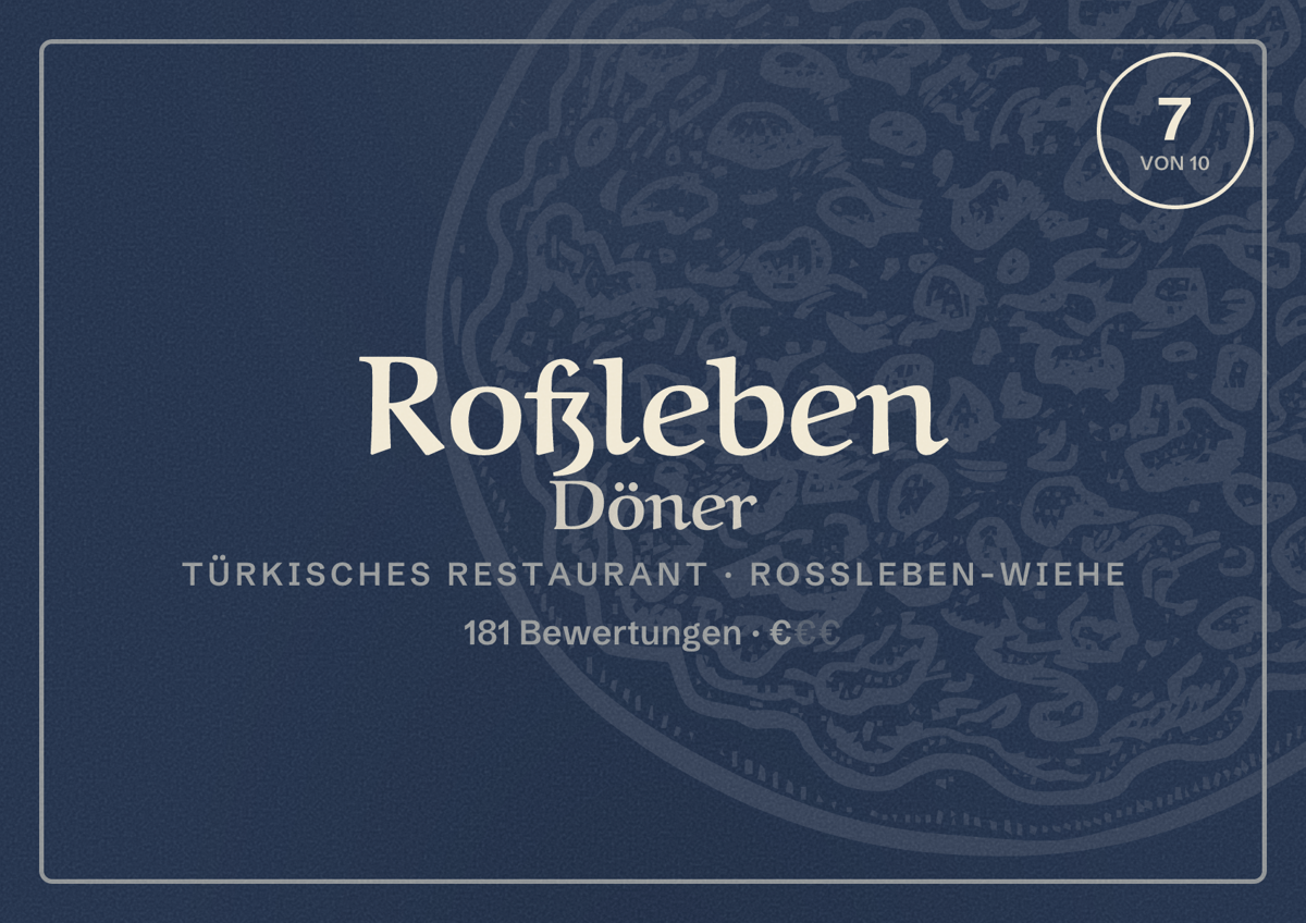 Illustriertes Poster von Roßleben Döner, Türkisches Restaurant in Roßleben-Wiehe: Bewertung 7 von 10 aus 181 Bewertungen, Preisniveau €