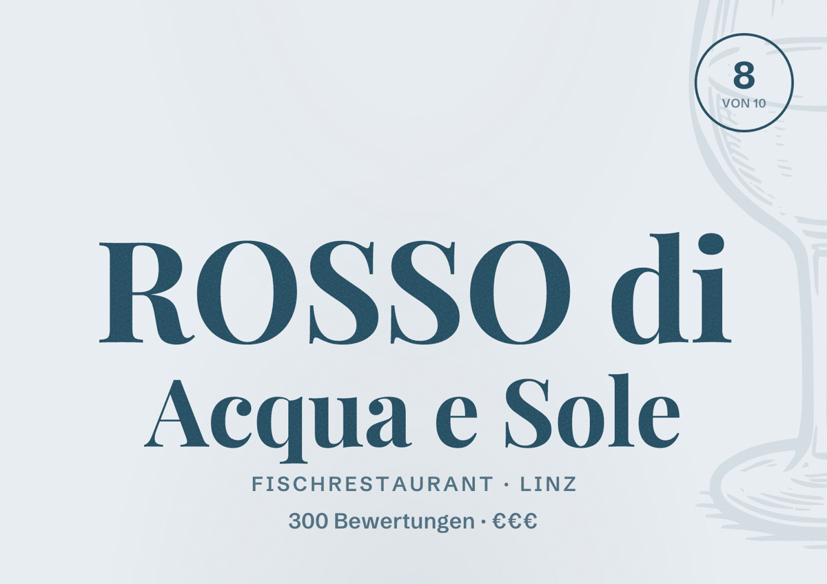 Illustriertes Poster von ROSSO di Acqua e Sole, Fischrestaurant in Linz: Bewertung 8 von 10 aus 300 Bewertungen, Preisniveau €€€