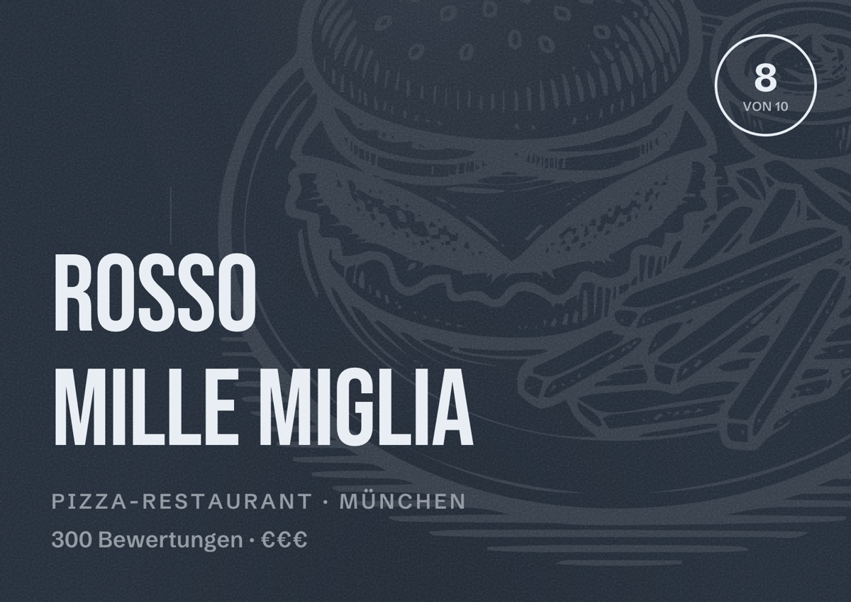 Illustriertes Poster von ROSSO MILLE MIGLIA, Pizza-Restaurant in München: Bewertung 8,0 von 10 aus 300 Bewertungen, Preisniveau €€€