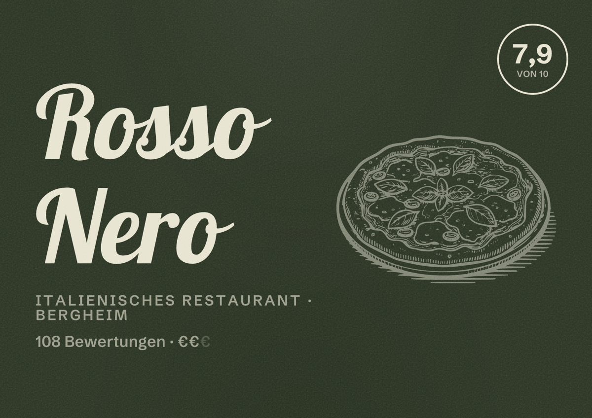 Illustriertes Poster von Rosso Nero, Italienisches Restaurant in Bergheim: Bewertung 7,9 von 10 aus 108 Bewertungen, Preisniveau €€