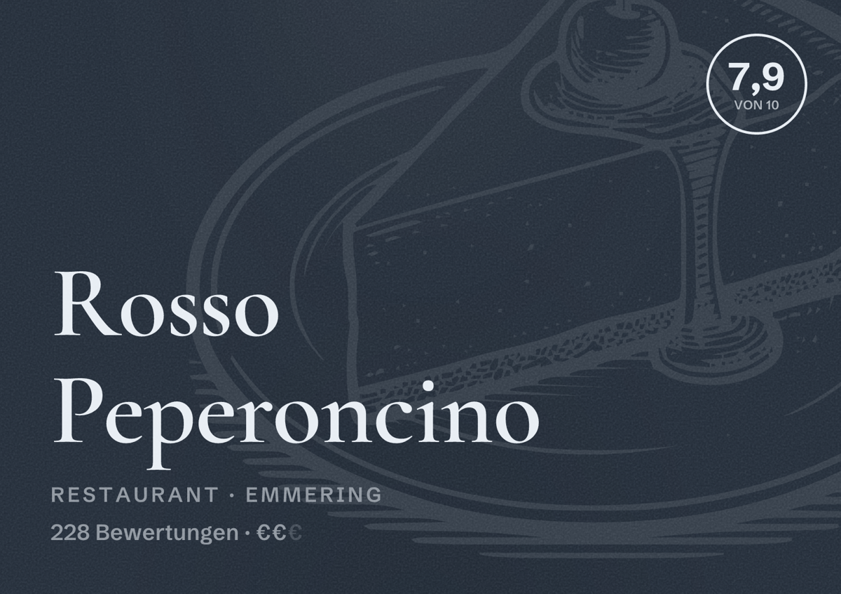Illustriertes Poster von Rosso Peperoncino, Restaurant in Emmering: Bewertung 7,9 von 10 aus 228 Bewertungen, Preisniveau €€