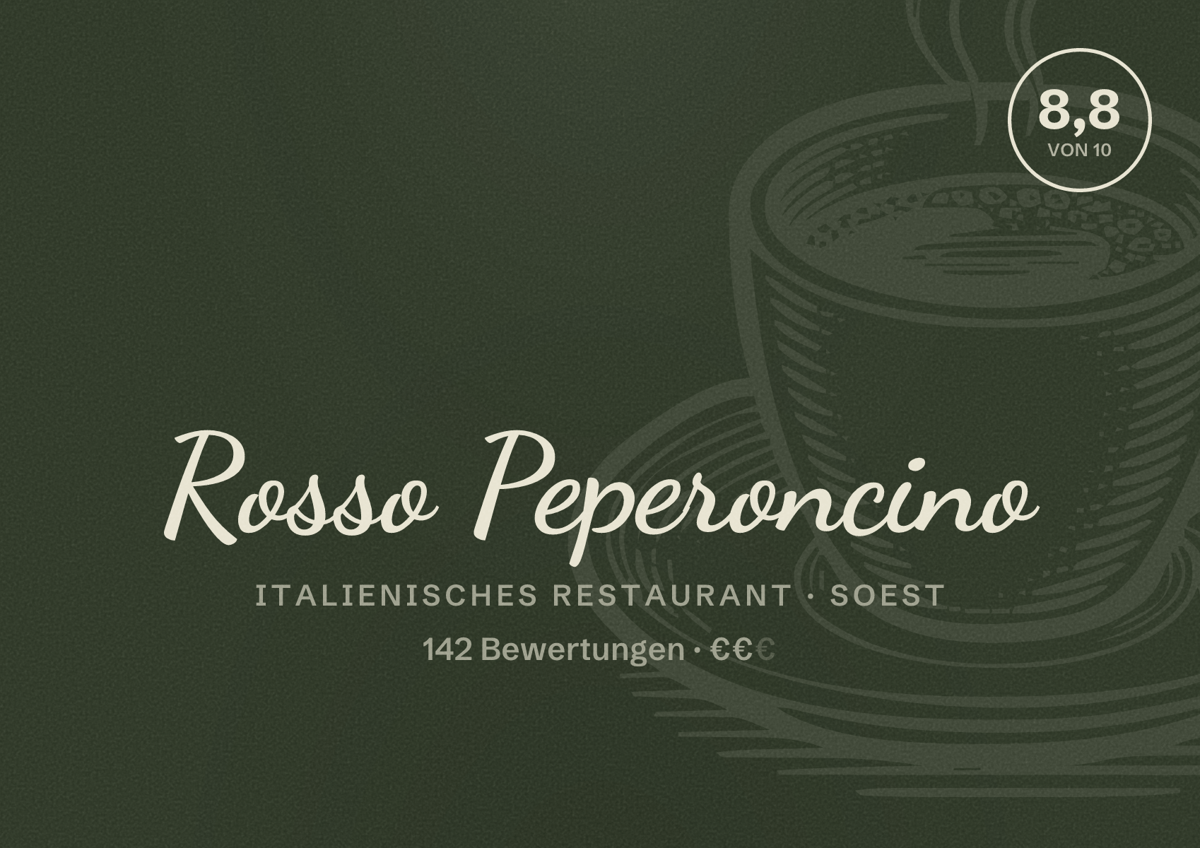 Illustriertes Poster von Rosso Peperoncino, Italienisches Restaurant in Soest: Bewertung 8,8 von 10 aus 142 Bewertungen, Preisniveau €€