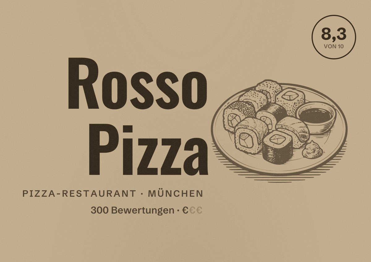 Illustriertes Poster von Rosso Pizza, Pizza-Restaurant in München: Bewertung 8,3 von 10 aus 300 Bewertungen, Preisniveau €