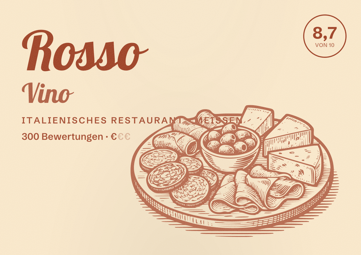 Illustriertes Poster von Rosso Vino, Italienisches Restaurant in Meißen: Bewertung 8,7 von 10 aus 300 Bewertungen, Preisniveau €