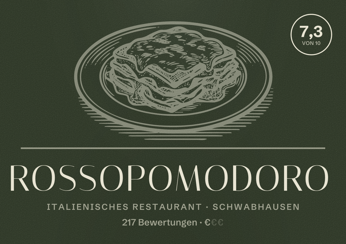 Illustriertes Poster von Rossopomodoro, Italienisches Restaurant in Schwabhausen: Bewertung 7,3 von 10 aus 217 Bewertungen, Preisniveau €