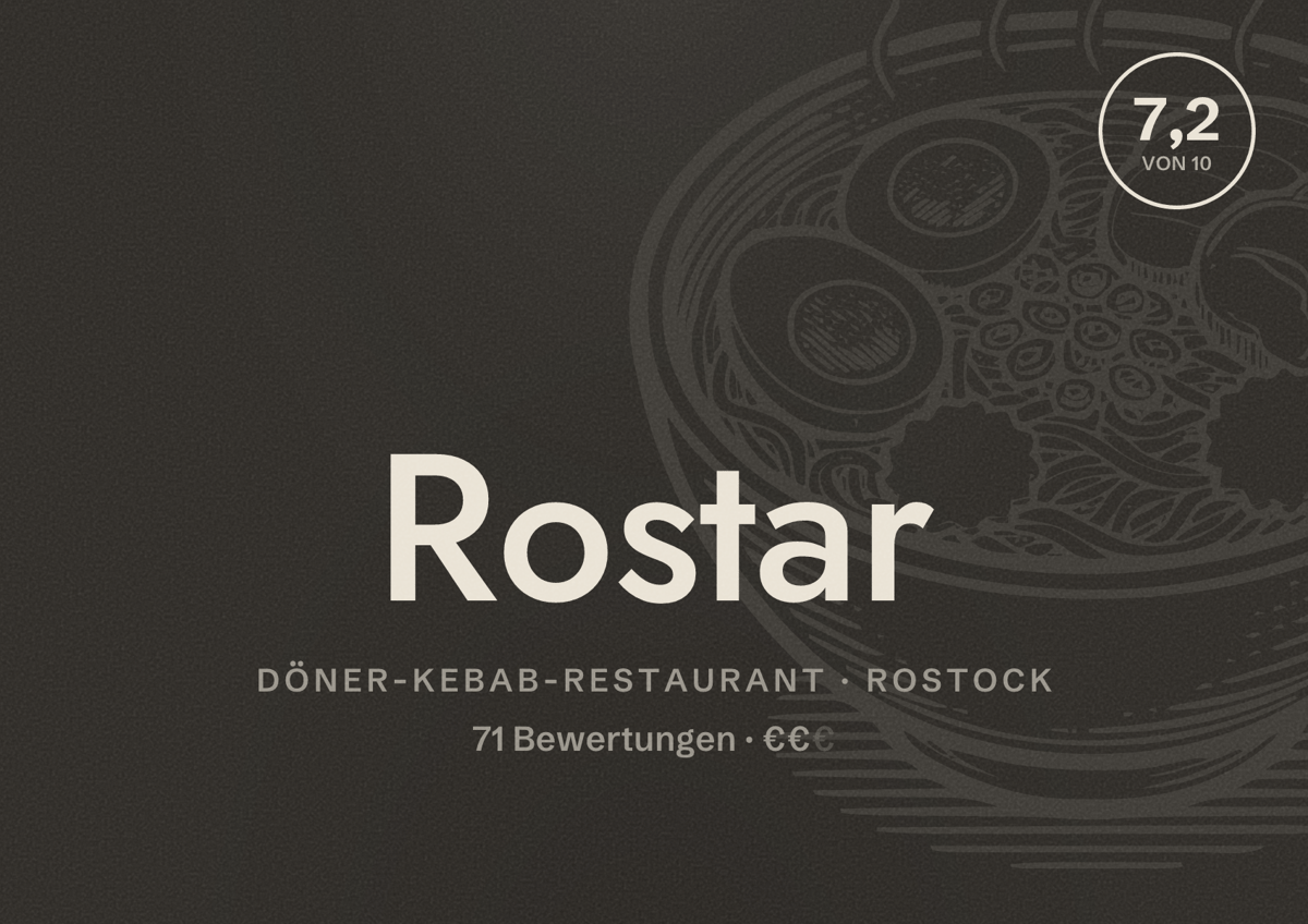 Illustriertes Poster von Rostar, Döner-Kebab-Restaurant in Rostock: Bewertung 7,2 von 10 aus 71 Bewertungen, Preisniveau €€