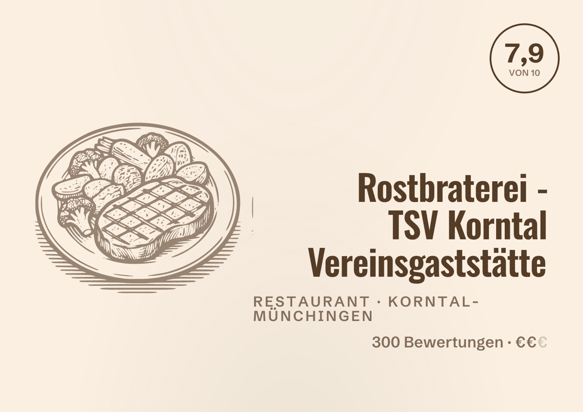 Illustriertes Poster von Rostbraterei - TSV Korntal Vereinsgaststätte, Restaurant in Korntal-Münchingen: Bewertung 7,9 von 10 aus 300 Bewertungen, Preisniveau €€