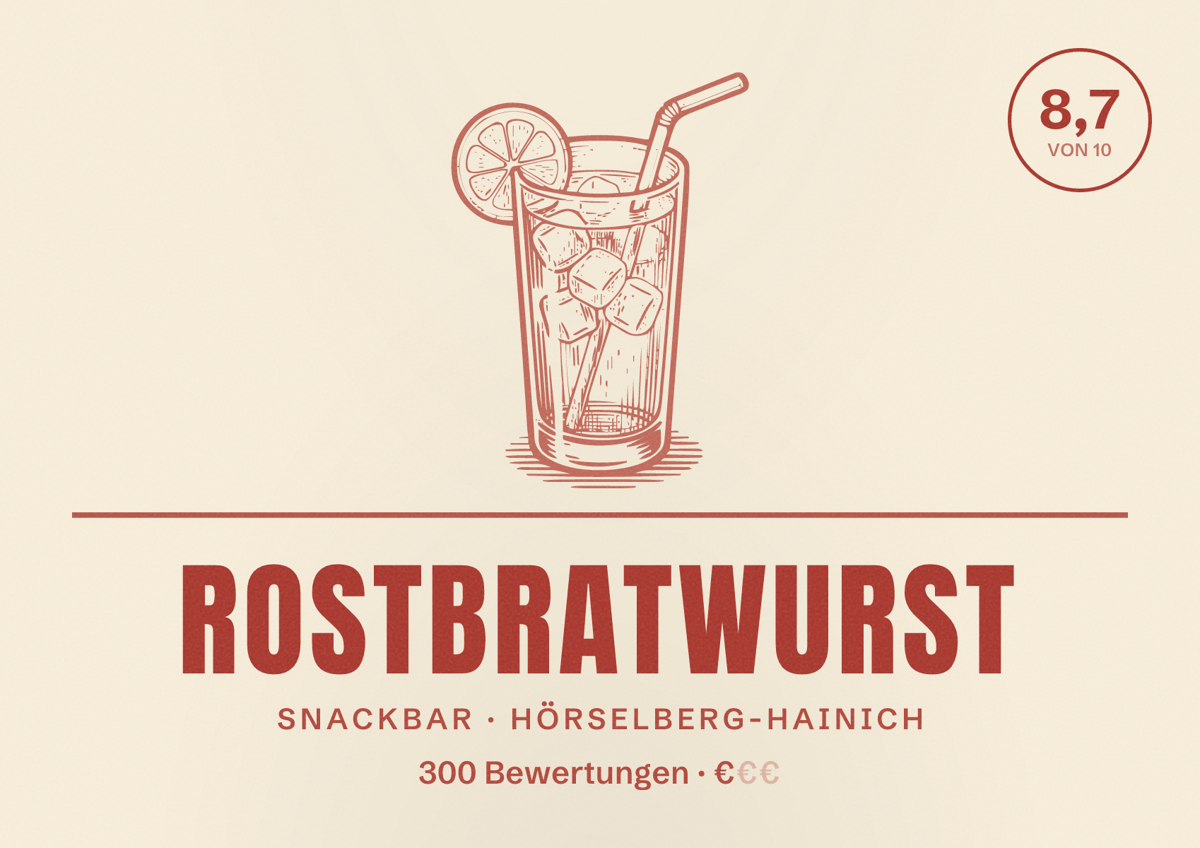 Illustriertes Poster von Rostbratwurst, Snackbar in Hörselberg-Hainich: Bewertung 8,7 von 10 aus 300 Bewertungen, Preisniveau €