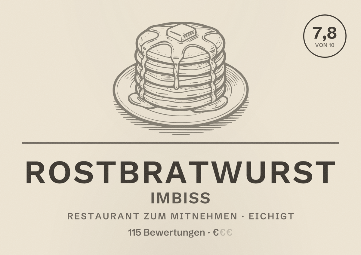 Illustriertes Poster von Rostbratwurst Imbiss, Restaurant zum Mitnehmen in Eichigt: Bewertung 7,8 von 10 aus 115 Bewertungen, Preisniveau €
