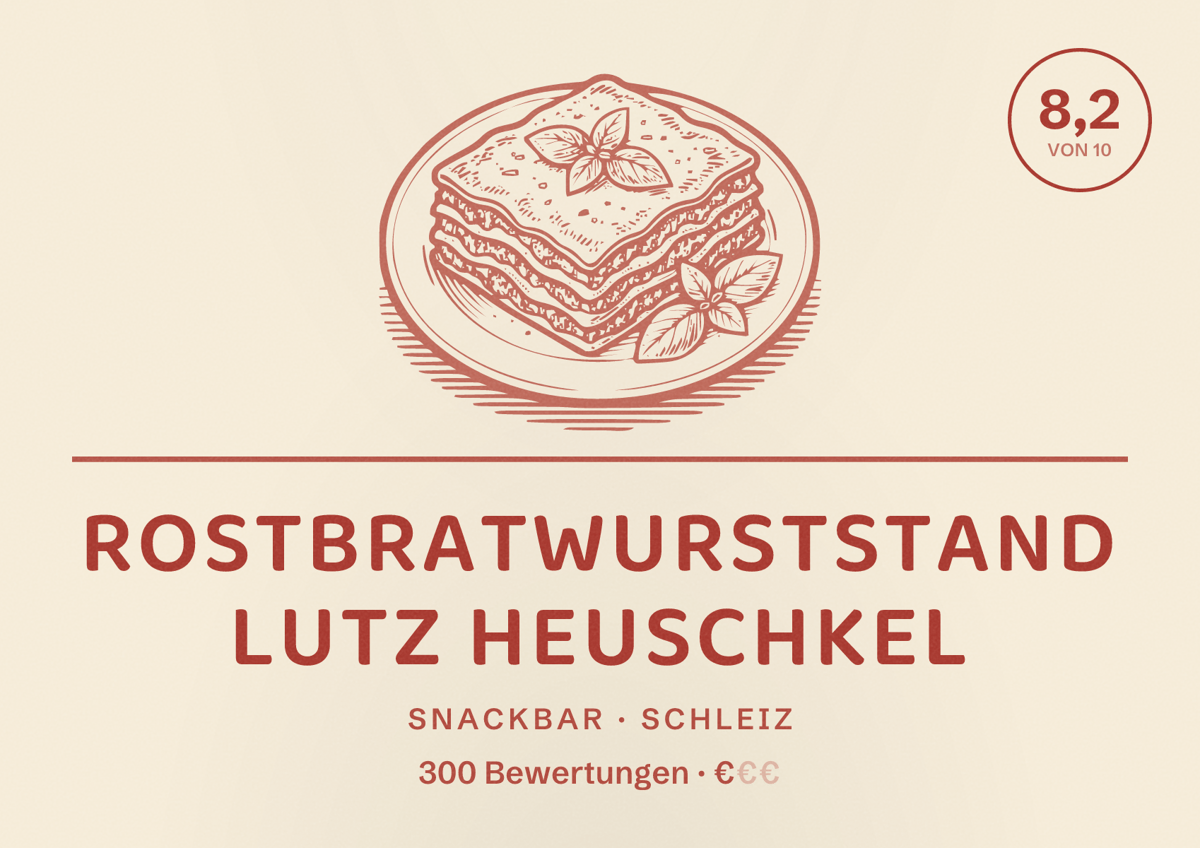 Illustriertes Poster von Rostbratwurststand Lutz Heuschkel, Snackbar in Schleiz: Bewertung 8,2 von 10 aus 300 Bewertungen, Preisniveau €