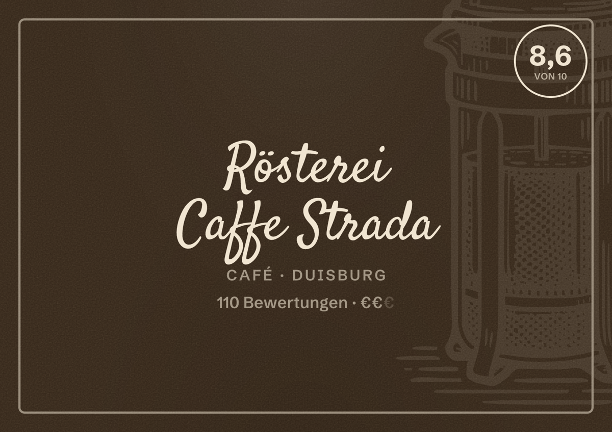 Illustriertes Poster von Rösterei Caffe Strada, Café in Duisburg: Bewertung 8,6 von 10 aus 110 Bewertungen, Preisniveau €€
