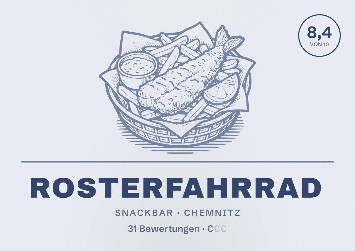Illustriertes Poster von Rosterfahrrad, Snackbar in Chemnitz: Bewertung 8,4 von 10 aus 31 Bewertungen, Preisniveau €
