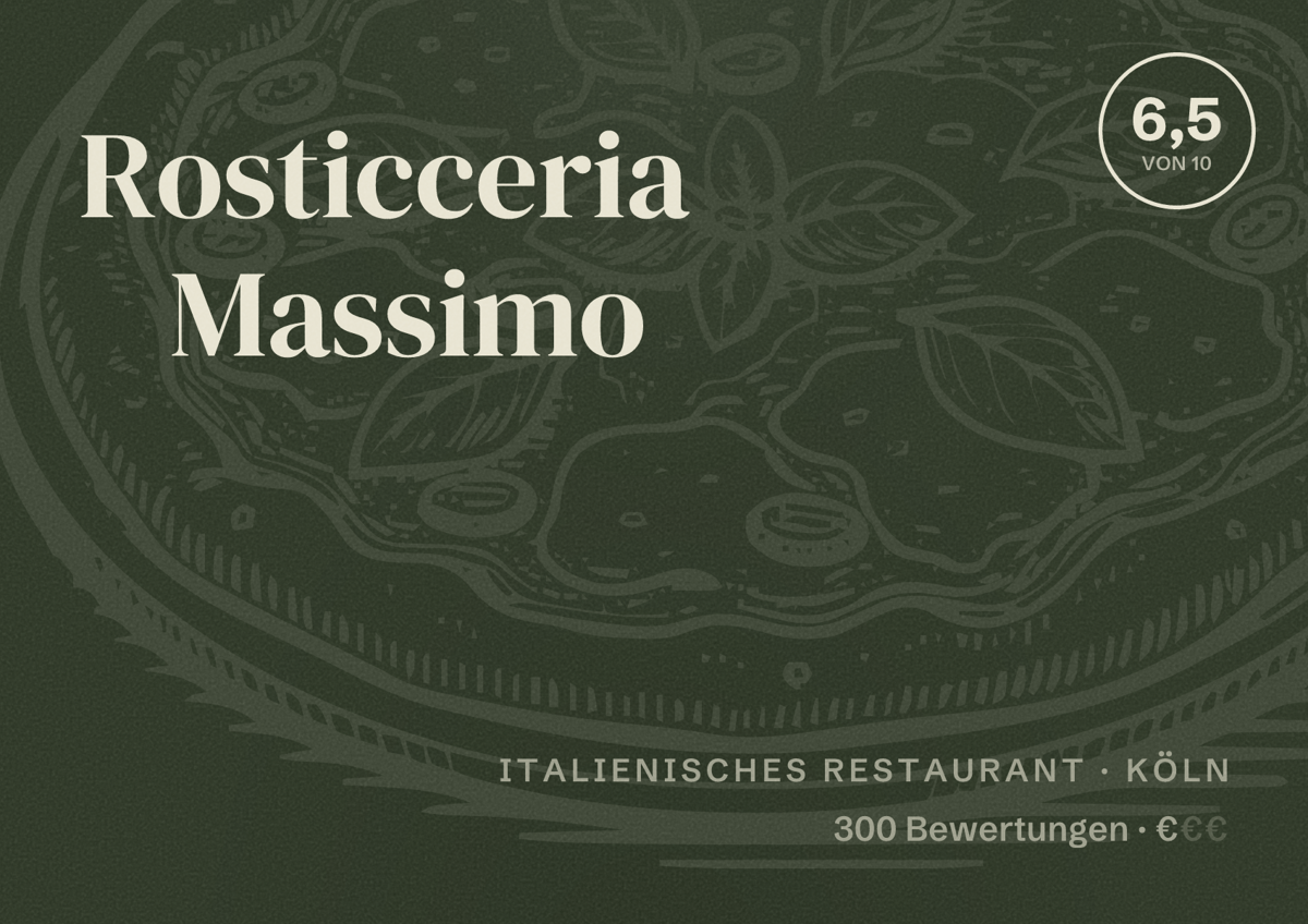 Illustriertes Poster von Rosticceria Massimo, Italienisches Restaurant in Köln: Bewertung 6,5 von 10 aus 300 Bewertungen, Preisniveau €