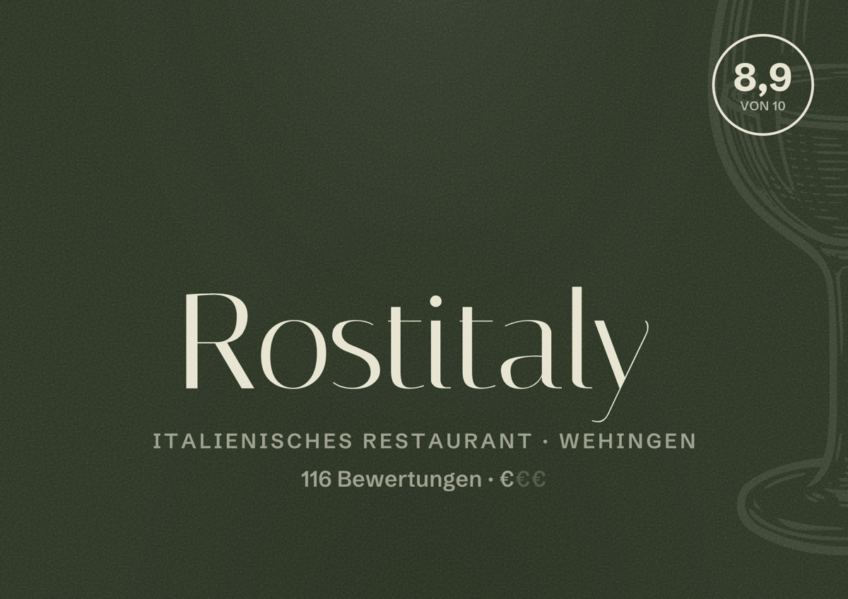Illustriertes Poster von Rostitaly, Italienisches Restaurant in Wehingen: Bewertung 8,9 von 10 aus 116 Bewertungen, Preisniveau €