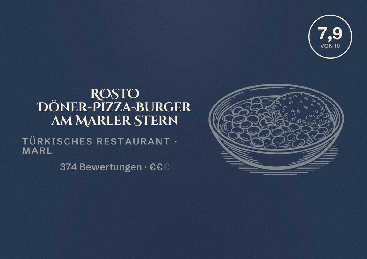 Illustriertes Poster von ROSTO Döner-Pizza-Burger am Marler Stern, Türkisches Restaurant in Marl: Bewertung 7,9 von 10 aus 374 Bewertungen, Preisniveau €€