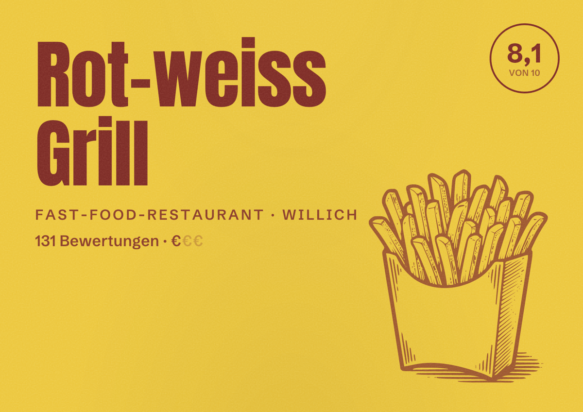 Illustriertes Poster von Rot-weiss Grill, Fast-Food-Restaurant in Willich: Bewertung 8,1 von 10 aus 131 Bewertungen, Preisniveau €