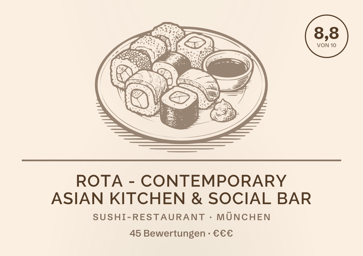 Illustriertes Poster von ROTA - Contemporary Asian Kitchen & Social Bar, Sushi-Restaurant in München: Bewertung 8,8 von 10 aus 45 Bewertungen, Preisniveau €€€