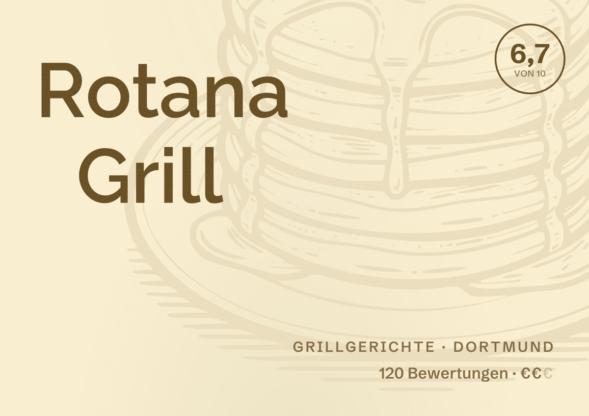Illustriertes Poster von Rotana Grill, Grillgerichte in Dortmund: Gästebewertung 6,7 von 10 aus 120 Bewertungen