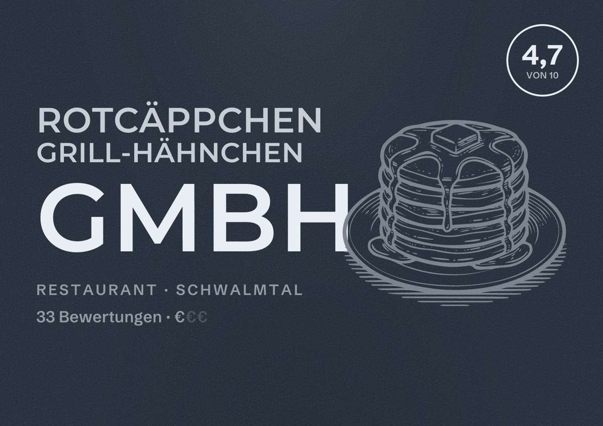 Illustriertes Poster von Rotcäppchen Grill-Hähnchen GmbH, Restaurant in Schwalmtal: Bewertung 4,7 von 10 aus 33 Bewertungen, Preisniveau €