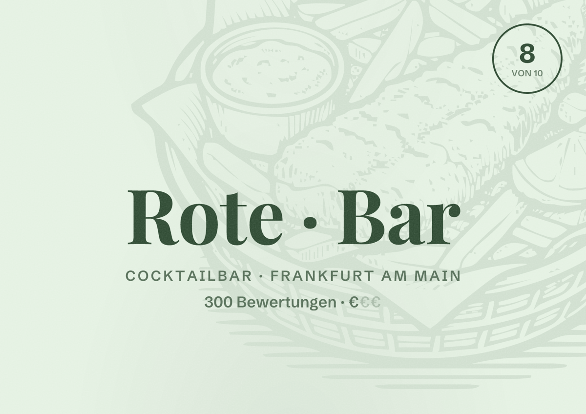 Illustriertes Poster von Rote Bar, Cocktailbar in Frankfurt am Main: Bewertung 8 von 10 aus 300 Bewertungen, Preisniveau €