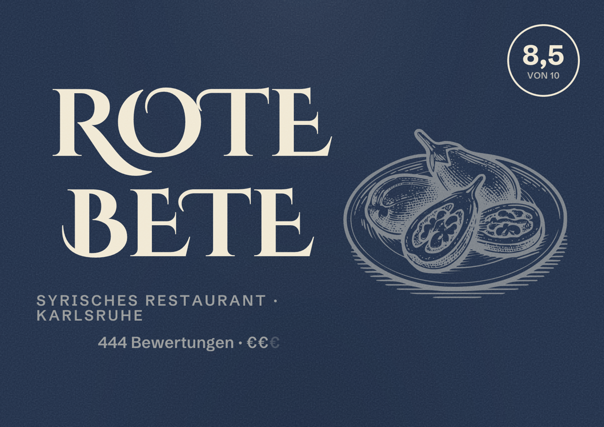 Illustriertes Poster von Rote Bete, Syrisches Restaurant in Karlsruhe: Bewertung 8,5 von 10 aus 444 Bewertungen, Preisniveau €€