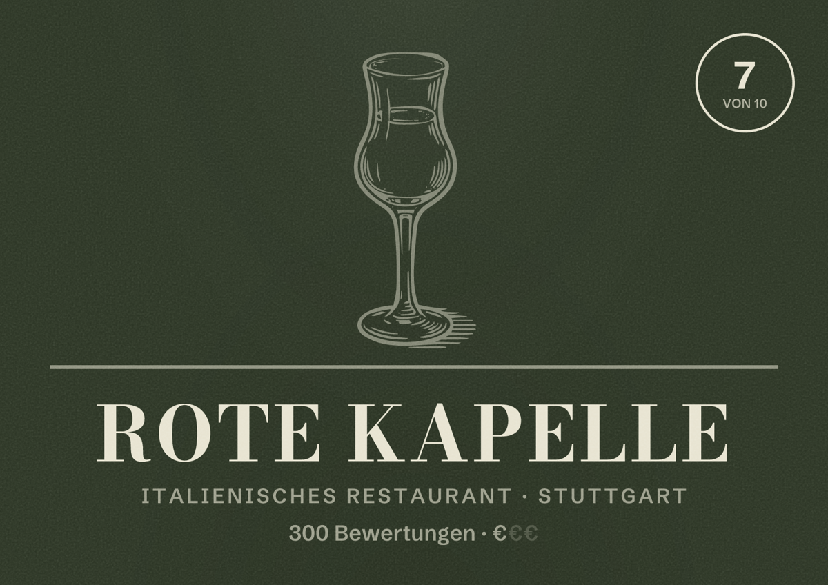 Illustriertes Poster von Rote Kapelle, Italienisches Restaurant in Stuttgart: Bewertung 7,0 von 10 aus 300 Bewertungen, Preisniveau €