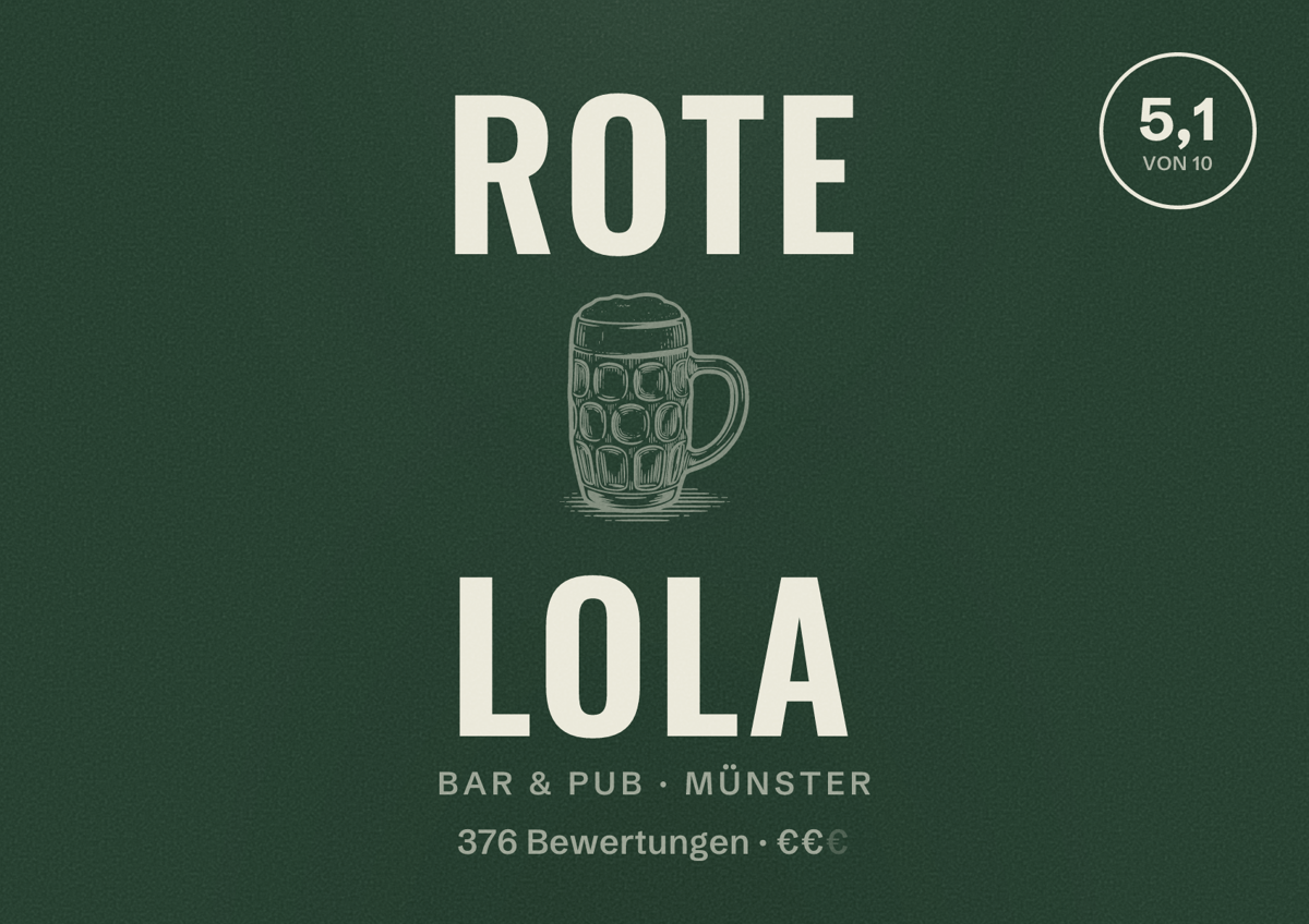 Illustriertes Poster von Rote Lola, Bar & Pub in Münster: Bewertung 5,1 von 10 aus 376 Bewertungen, Preisniveau €€