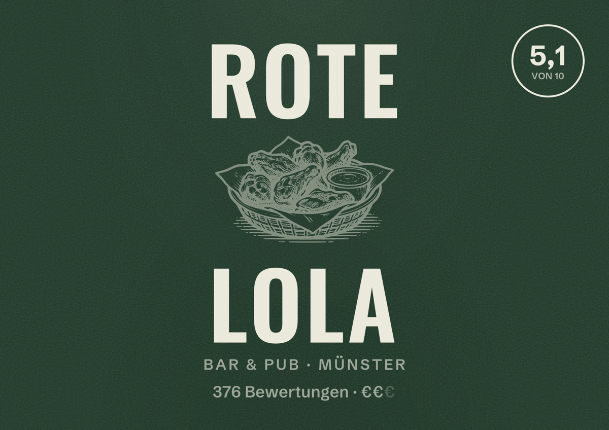 Illustriertes Poster von Rote Lola, Bar & Pub in Münster: Bewertung 5,1 von 10 aus 376 Bewertungen, Preisniveau €€