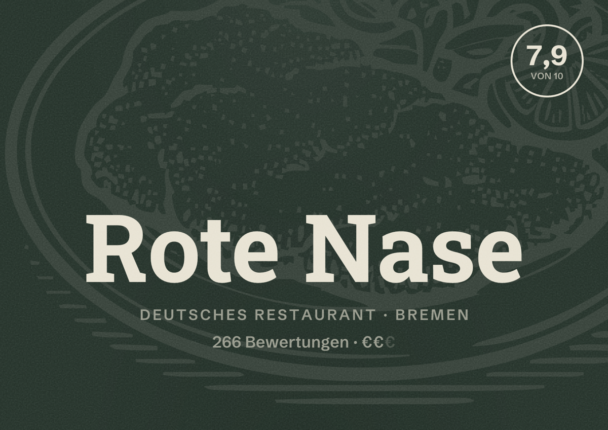 Illustriertes Poster von Rote Nase, Deutsches Restaurant in Bremen: Bewertung 7,9 von 10 aus 266 Bewertungen, Preisniveau €€