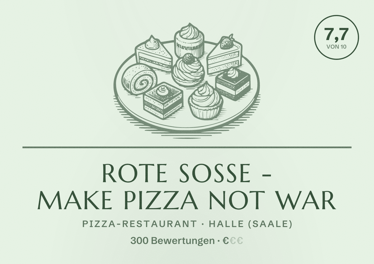 Illustriertes Poster von Rote Soße - make pizza not war, Pizza-Restaurant in Halle (Saale): Bewertung 7,7 von 10 aus 300 Bewertungen, Preisniveau €