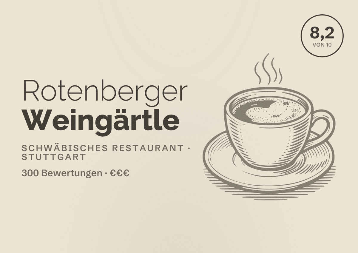 Illustriertes Poster von Rotenberger Weingärtle, Schwäbisches Restaurant in Stuttgart: Bewertung 8,2 von 10 aus 300 Bewertungen, Preisniveau €€€